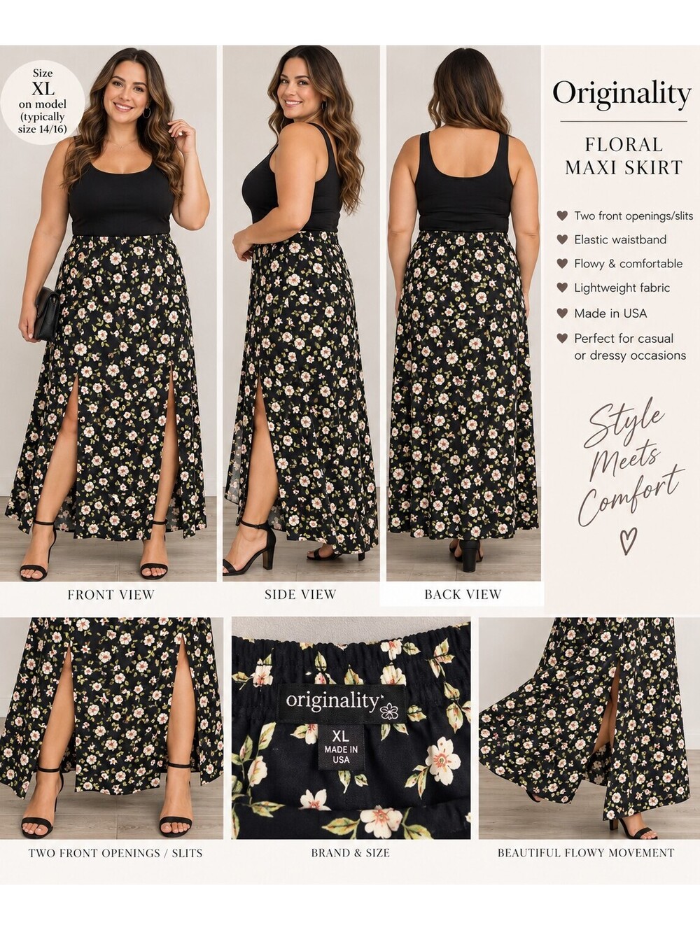 Originality XL Black Floral Asymmetrical Maxi Skirt Made in USA